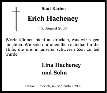 Traueranzeige von Erich Hacheney von Tageszeitung