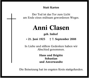 Traueranzeige von Anni Clasen von Tageszeitung