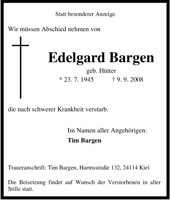 Traueranzeige von Edelgard Bargen von Tageszeitung