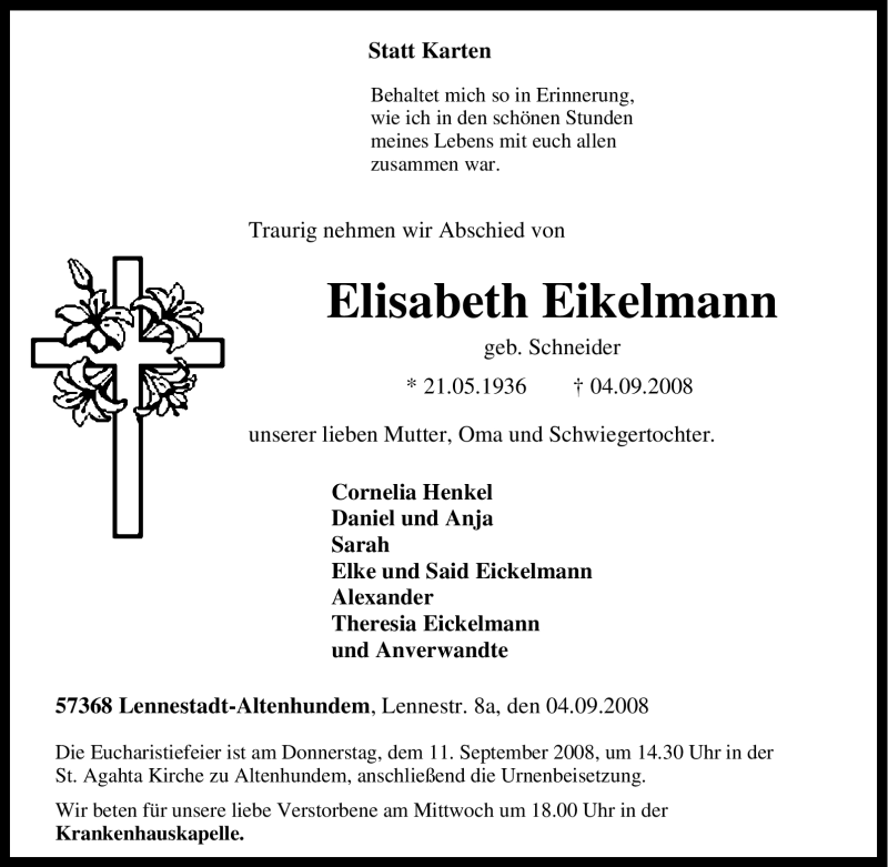  Traueranzeige für Elisabeth Eikelmann vom 06.09.2008 aus Tageszeitung