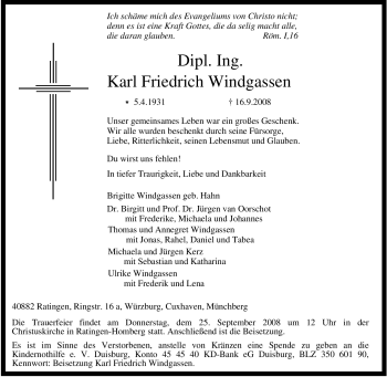 Traueranzeige von Karl Friedrich Windgassen von Tageszeitung
