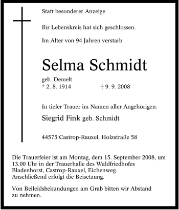 Traueranzeige von Selma Schmidt von Tageszeitung