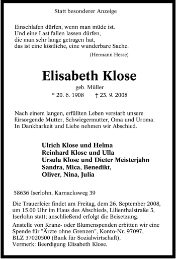 Traueranzeige von Elisabeth Klose von Tageszeitung