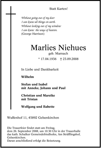 Traueranzeige von Marlies Niehues von Tageszeitung