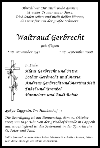 Traueranzeige von Waltraud Gerbrecht von Tageszeitung