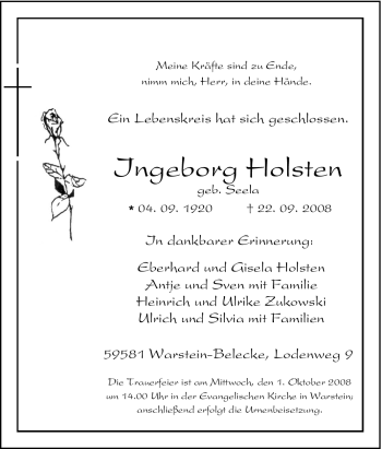 Traueranzeige von Ingeborg Holsten von Tageszeitung