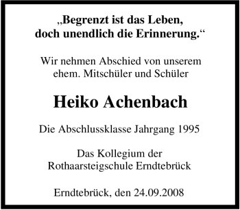 Traueranzeige von Heiko Achenbach von Tageszeitung