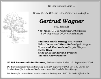 Traueranzeige von Gertrud Wagner von Tageszeitung