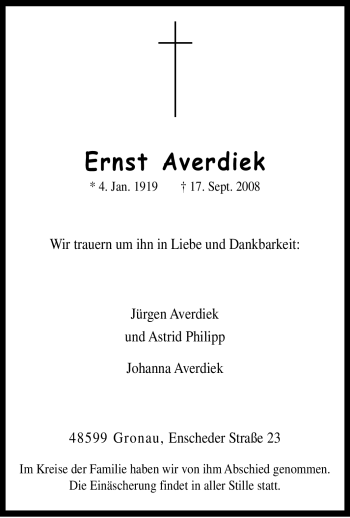 Traueranzeige von Ernst Averdiek von Tageszeitung