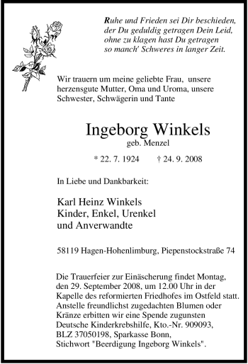 Traueranzeige von Ingeborg Winkels von Tageszeitung