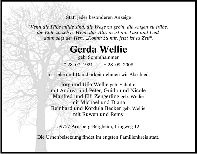 Traueranzeige für Gerda Wellie vom 29.09.2008 aus Tageszeitung
