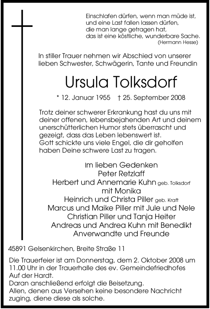  Traueranzeige für Ursula Tolksdorf vom 27.09.2008 aus Tageszeitung