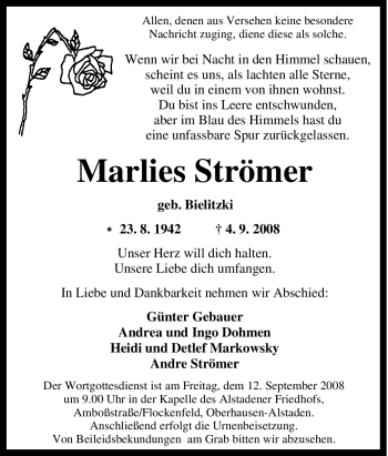 Traueranzeige von Marlies Strömer von Tageszeitung