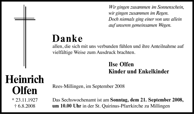  Traueranzeige für Heinrich Olfen vom 17.09.2008 aus Tageszeitung