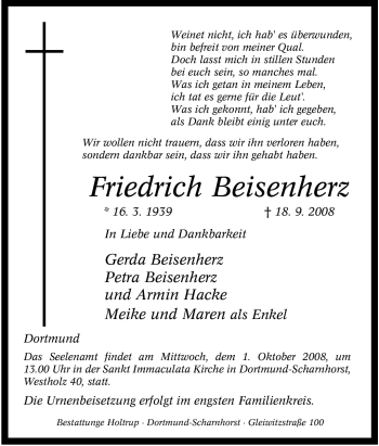 Traueranzeige von Friedrich Beisenherz von Tageszeitung