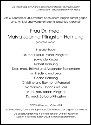 Traueranzeige von Maiva Jeanne Pfingsten-Hornung von Tageszeitung