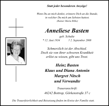 Traueranzeige von Anneliese Basten von Tageszeitung