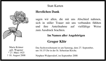 Traueranzeige von Maria Krämer von Tageszeitung