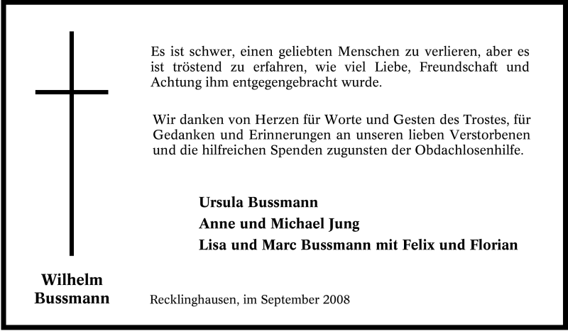  Traueranzeige für Wilhelm Bussmann vom 13.09.2008 aus Tageszeitung