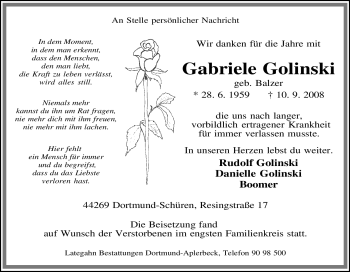 Traueranzeige von Gabriele Golinski von Tageszeitung