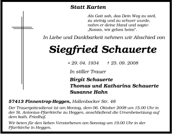 Traueranzeige von Siegfried Schauerte von Tageszeitung