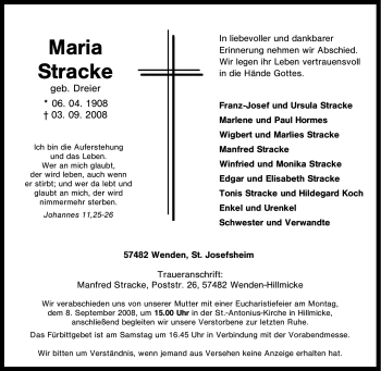 Traueranzeige von Maria Stracke von Tageszeitung