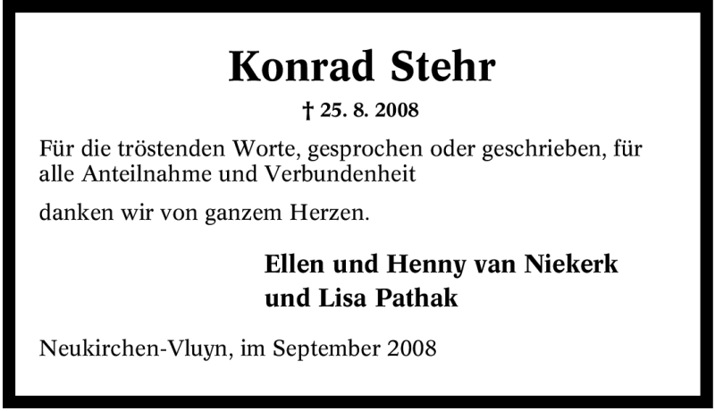  Traueranzeige für Konrad Stehr vom 23.09.2008 aus Tageszeitung