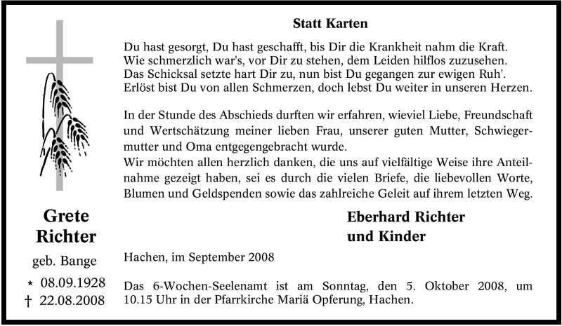  Traueranzeige für Grete Richter vom 29.09.2008 aus Tageszeitung
