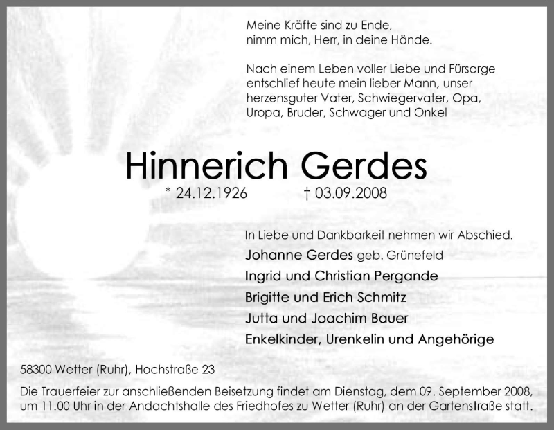  Traueranzeige für Hinnerich Gerdes vom 06.09.2008 aus Tageszeitung