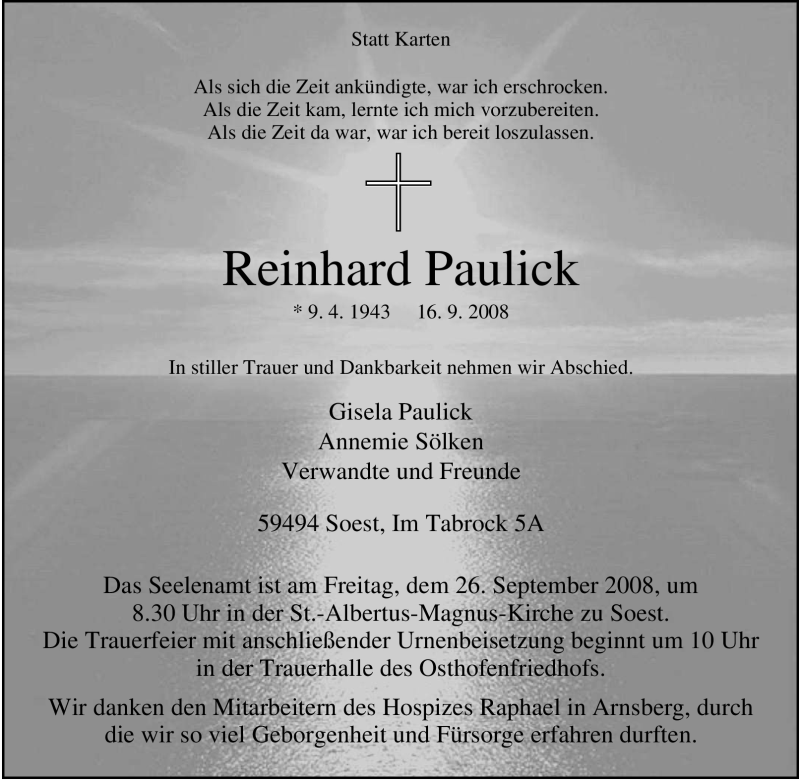  Traueranzeige für Reinhard Paulick vom 20.09.2008 aus Tageszeitung