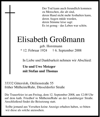 Traueranzeige von Elisabeth Großmann von Tageszeitung