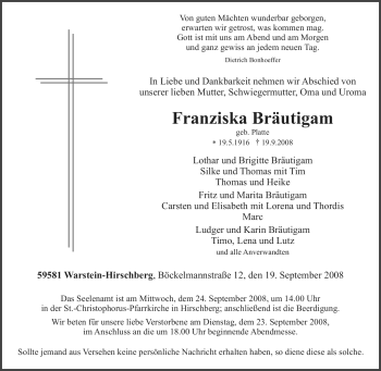 Traueranzeige von Franziska Bräutigam von Tageszeitung