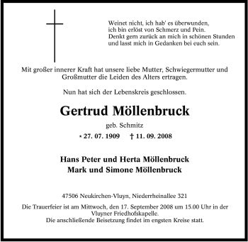 Traueranzeige von Gertrud Möllenbruck von Tageszeitung