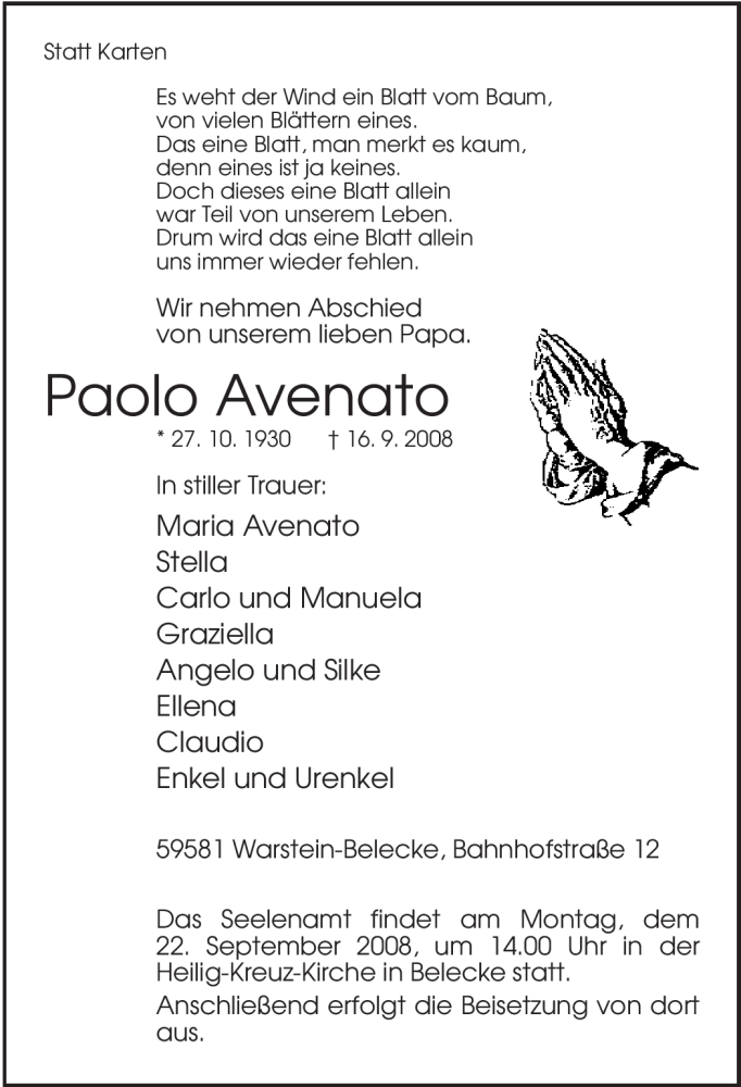  Traueranzeige für Paolo Avenato vom 18.09.2008 aus Tageszeitung