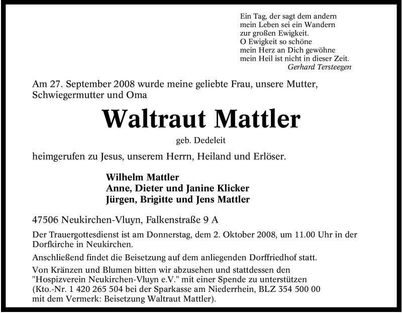  Traueranzeige für Waltraut Mattler vom 30.09.2008 aus Tageszeitung