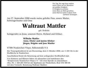 Traueranzeige von Waltraut Mattler von Tageszeitung
