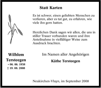Traueranzeige von Wilhlem Tersteegen von Tageszeitung
