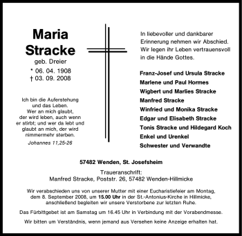 Traueranzeige von Maria Stracke von Tageszeitung