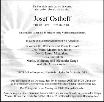 Traueranzeige von Josef Osthoff von Tageszeitung