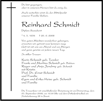 Traueranzeige von Reinhard Schmidt von Tageszeitung