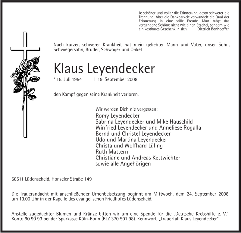  Traueranzeige für Klaus Leyendecker vom 22.09.2008 aus Tageszeitung