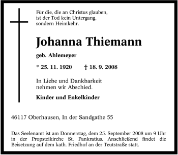 Traueranzeige von Johanna Thiemann von Tageszeitung