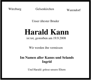 Traueranzeige von Harald Kann von Tageszeitung