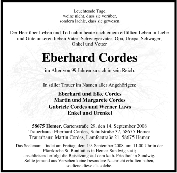 Traueranzeige von Eberhard Cordes von Tageszeitung