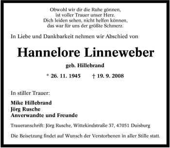Traueranzeige von Hannelore Linneweber von Tageszeitung