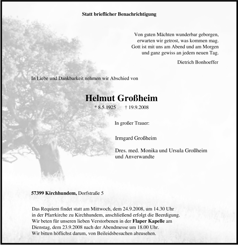 Traueranzeige für Helmut Großheim vom 22.09.2008 aus Tageszeitung