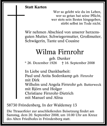 Traueranzeige von Wilma Firnrohr von Tageszeitung