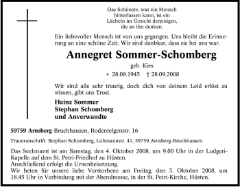 Traueranzeige von Annegret Sommer-Schomberg von Tageszeitung