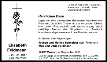 Traueranzeige von Elisabeth Feldmann von Tageszeitung