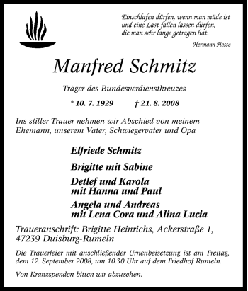 Traueranzeige von Manfred Schmitz von Tageszeitung